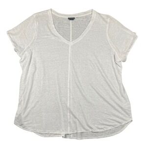 Tahari Womens White 100% Linen V Neck Short Sleeve T Shirt Top Size Plus 1X